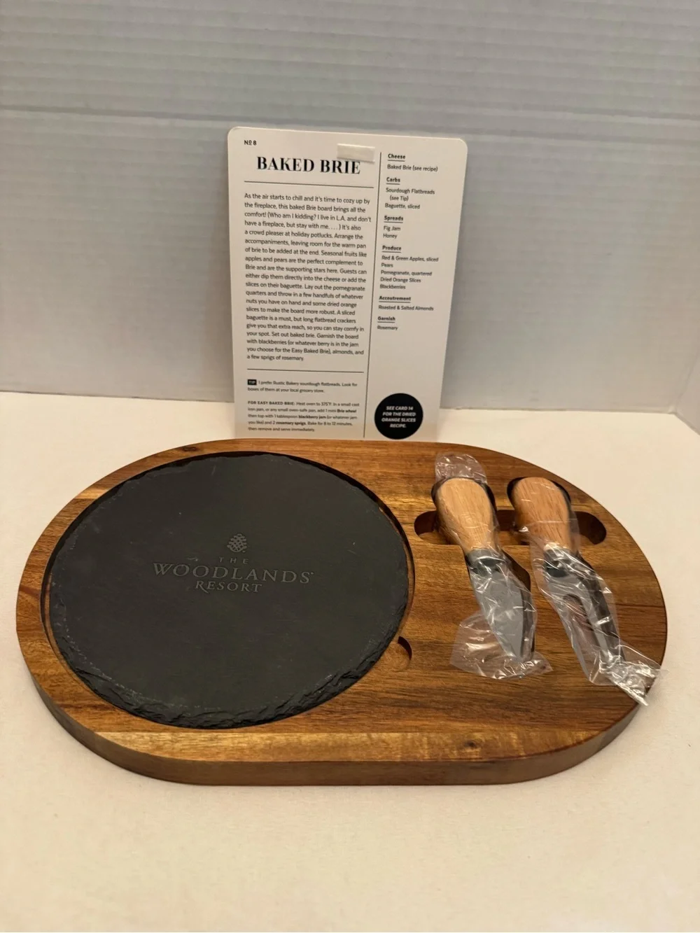The Woodlands Resort Acacia Wood Slate Charcuterie Cheese Board Set Knives NIB